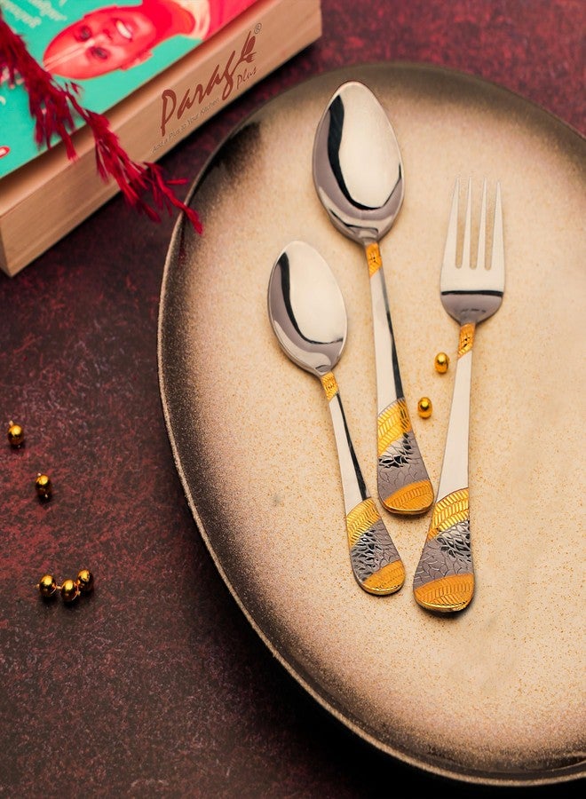 Parage 18 Pieces Stainless Steel 24K Golden Cutlery Set | Luxury 24 Karat Gold Plated Flatware for Home & Kitchen | 6 Table Spoons, 6 Forks & 6 Tea Spoons - Image 3